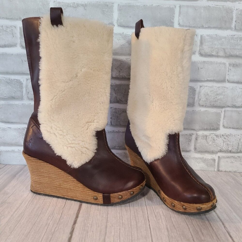 J Shoes Avid Boots Leather Fleece Wedge Brass Studs Womens 9.5